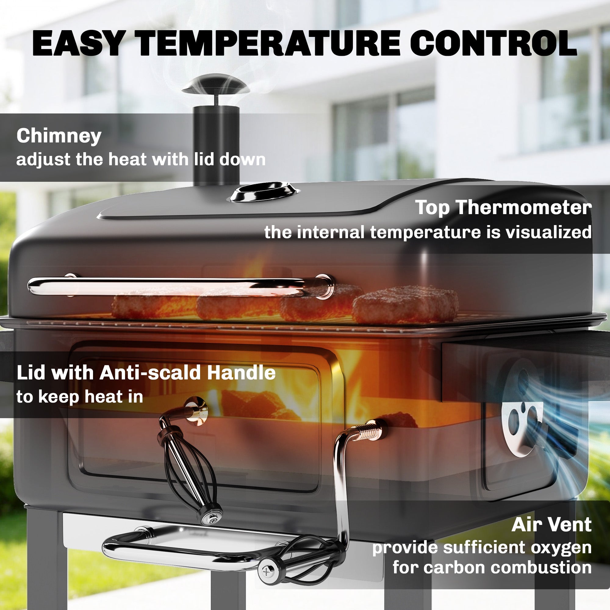 Charcoal BBQ Grill with Adjustable Charcoal Panwith Side Tables