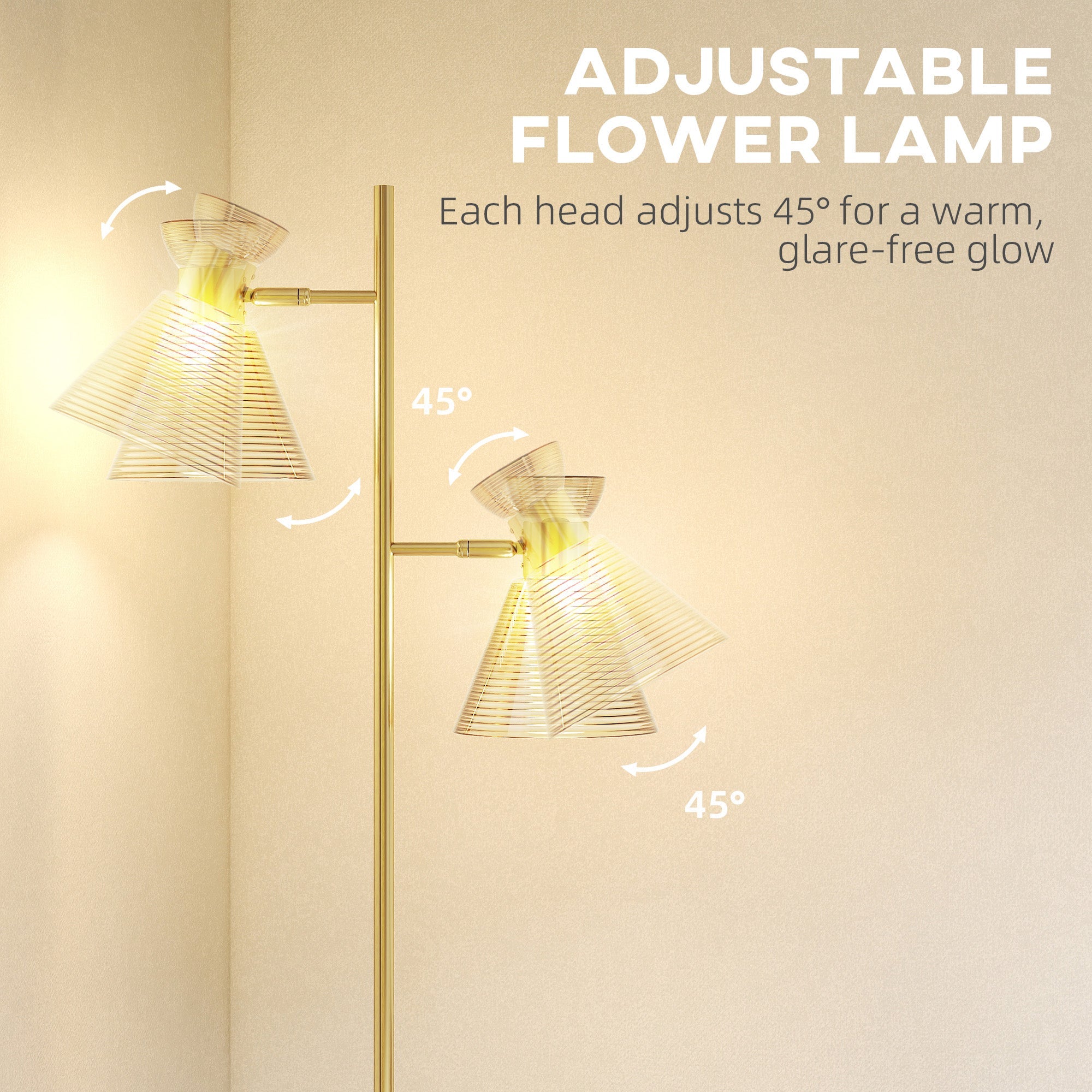 Floor Lamp with Adjustable Dual Head, Modern with Floral Glass Shades
