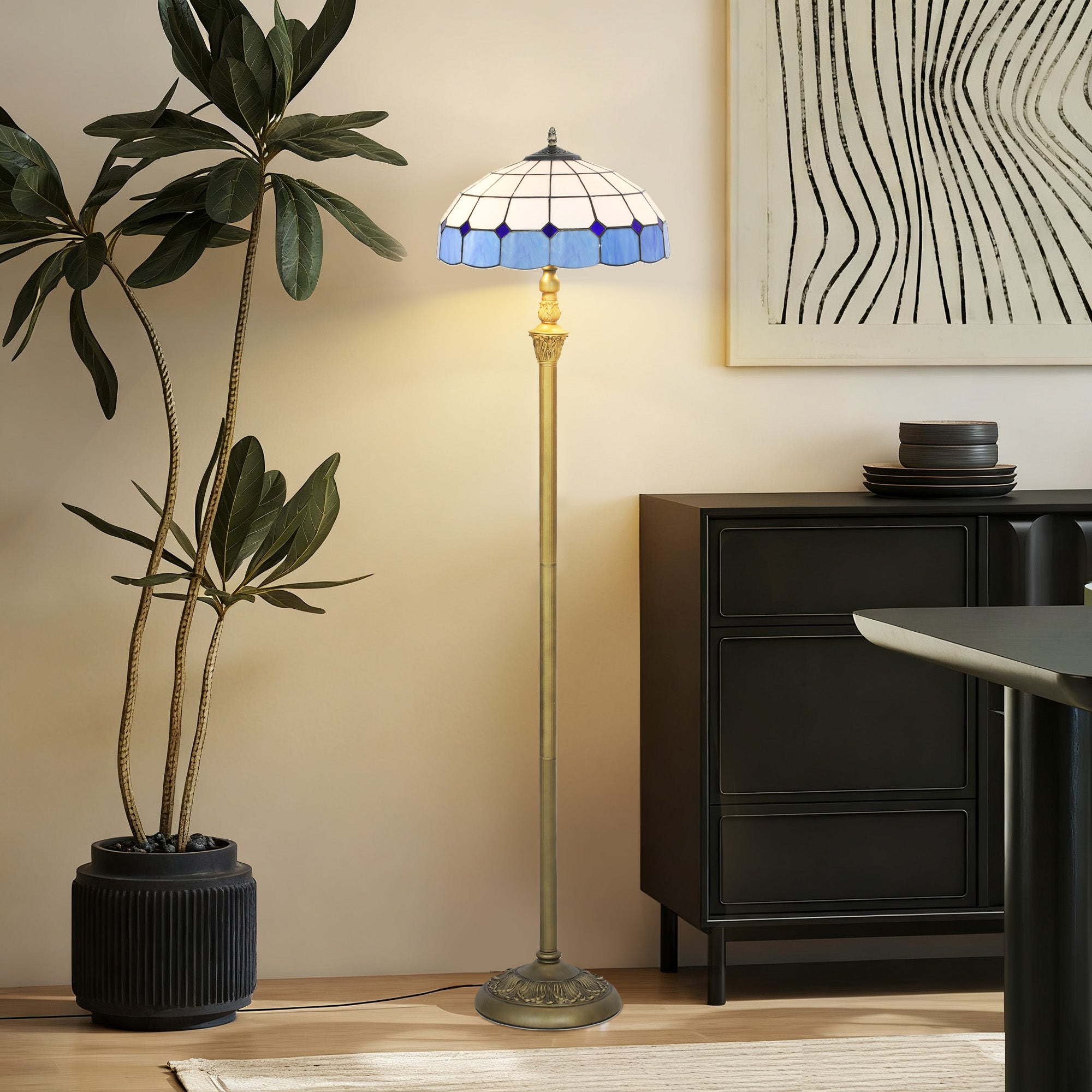 Vintage Floor Lamp with Handcrafted Stained Glass Shade
