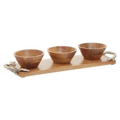 Acacia Wood Set of 3 Dip Bowls with Serving Tray