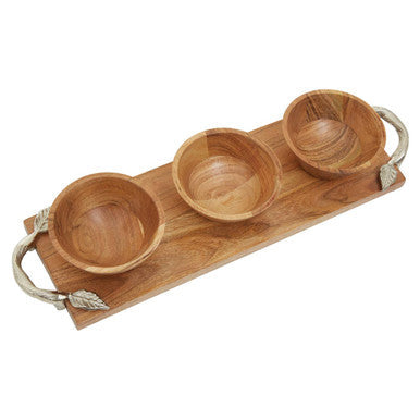 Acacia Wood Set of 3 Dip Bowls with Serving Tray