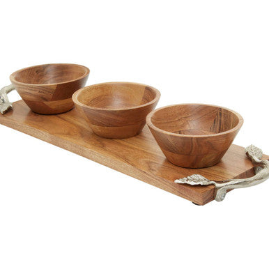 Acacia Wood Set of 3 Dip Bowls with Serving Tray