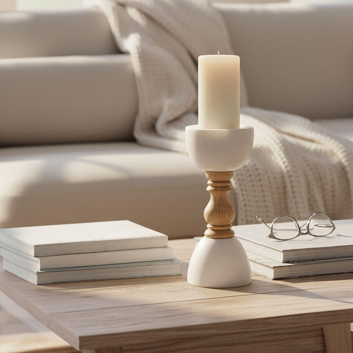 Marble & Mango Wood Pillar Candle Holder