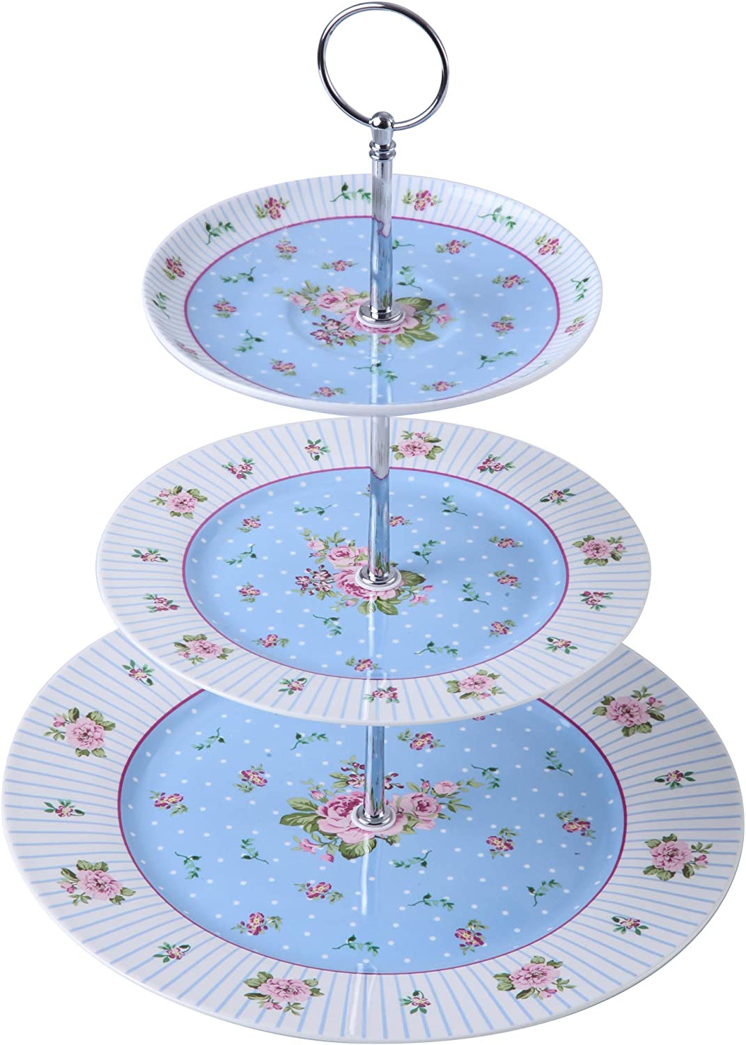 3 Tier Cake Plate Stand, Porcelain - Chic Vintage Floral - Gift Box (Blue Rose)