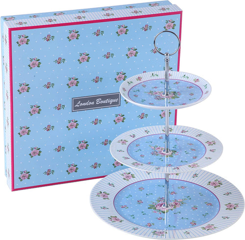 3 Tier Cake Plate Stand, Porcelain - Chic Vintage Floral - Gift Box (Blue Rose)