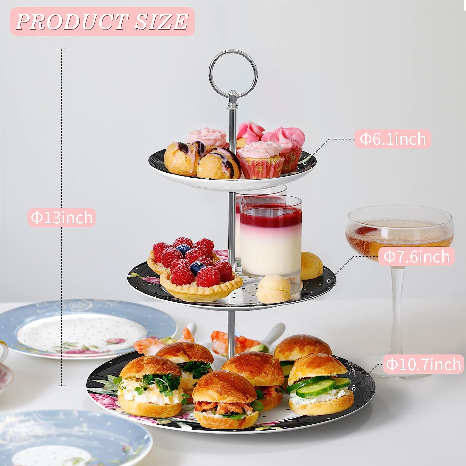 Porcelain Gift Set for Her - Afternoon Tea - 3 Tier Cake Stand, 2 Cups 2 Saucers, 4 Plates (Black)
