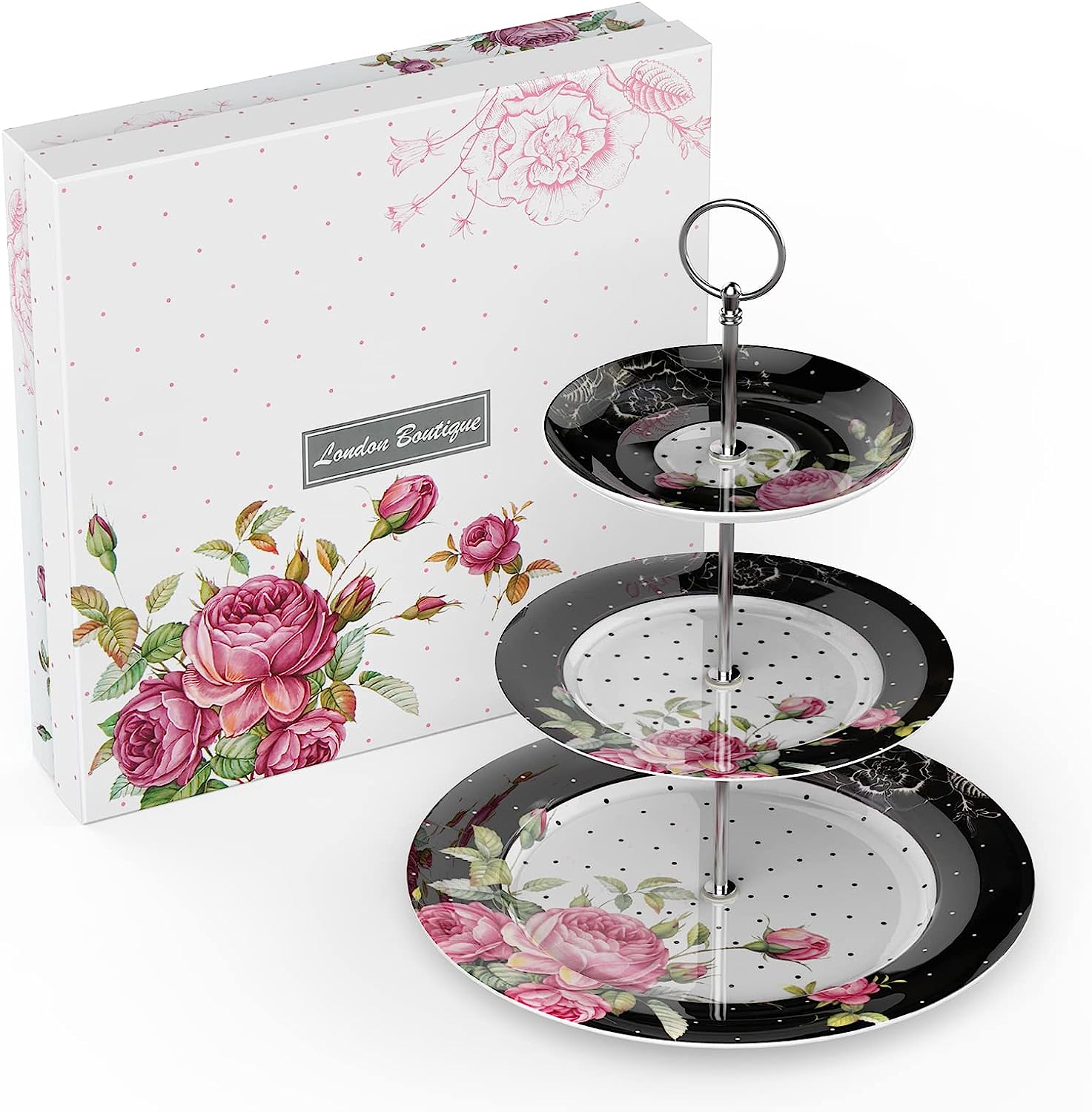 Porcelain Gift Set for Her - Afternoon Tea - 3 Tier Cake Stand, 2 Cups 2 Saucers, 4 Plates (Black)