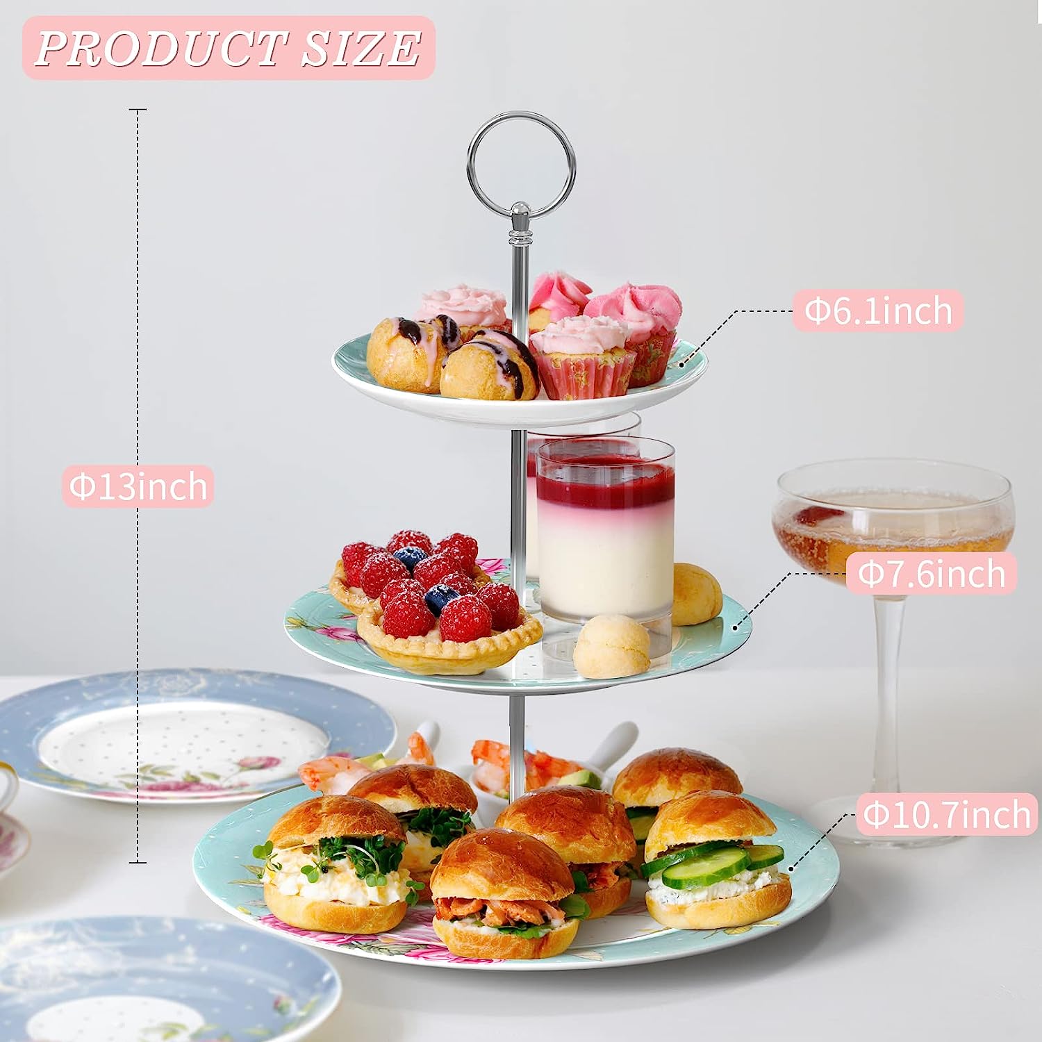 Porcelain Gift Set for Her - Afternoon Tea - 3 Tier Cake Stand, 2 Cups 2 Saucers, 4 Plates (Turquoise)