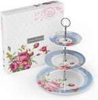 Porcelain Gift Set for Her - Afternoon Tea - 3 Tier Cake Stand, 2 Cups 2 Saucers, 4 Plates (Blue)