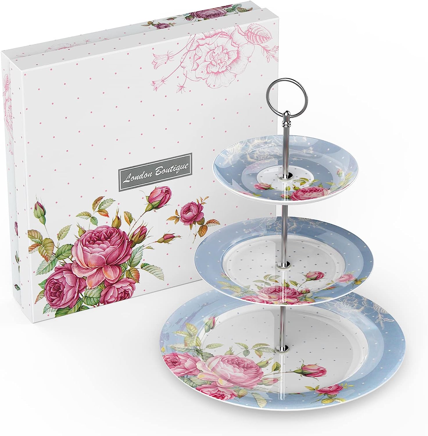 Porcelain Gift Set for Her - Afternoon Tea - 3 Tier Cake Stand, 2 Cups 2 Saucers, 4 Plates (Blue)