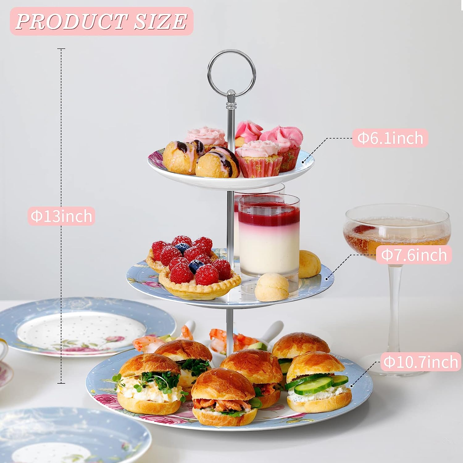 Porcelain Gift Set for Her - Afternoon Tea - 3 Tier Cake Stand, 2 Cups 2 Saucers, 4 Plates (Blue)