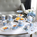 Full Porcelain Gift Set - 3 Tier Cake Stand, Teapot, Milk Jug, 2 Cups 2 Saucers  - Chic Vintage Floral - Gift Box (Blue Rose)