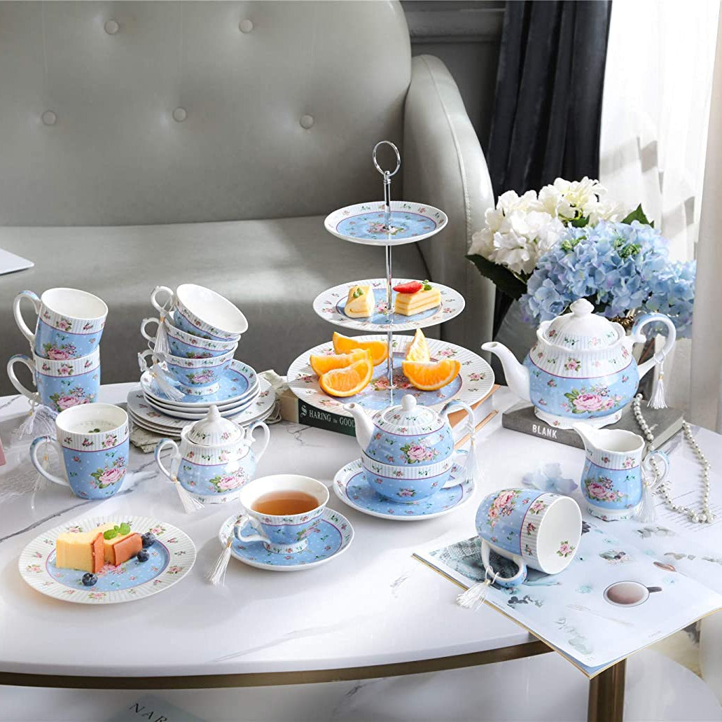 Full Porcelain Gift Set - 3 Tier Cake Stand, Teapot, Milk Jug, 2 Cups 2 Saucers  - Chic Vintage Floral - Gift Box (Blue Rose)