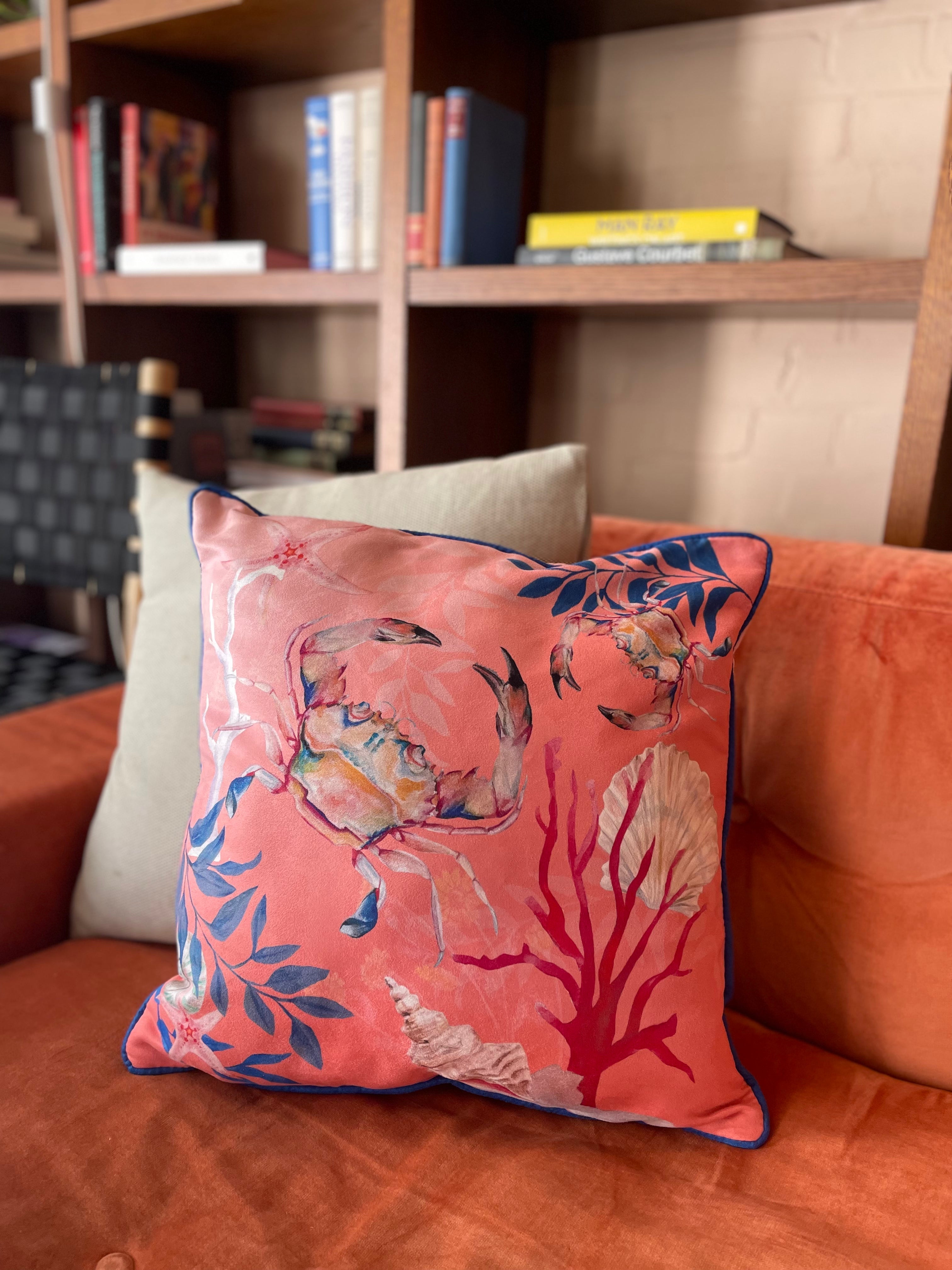 Coral with starfish illustration Art Cushion, made from Vegan friendly Suede