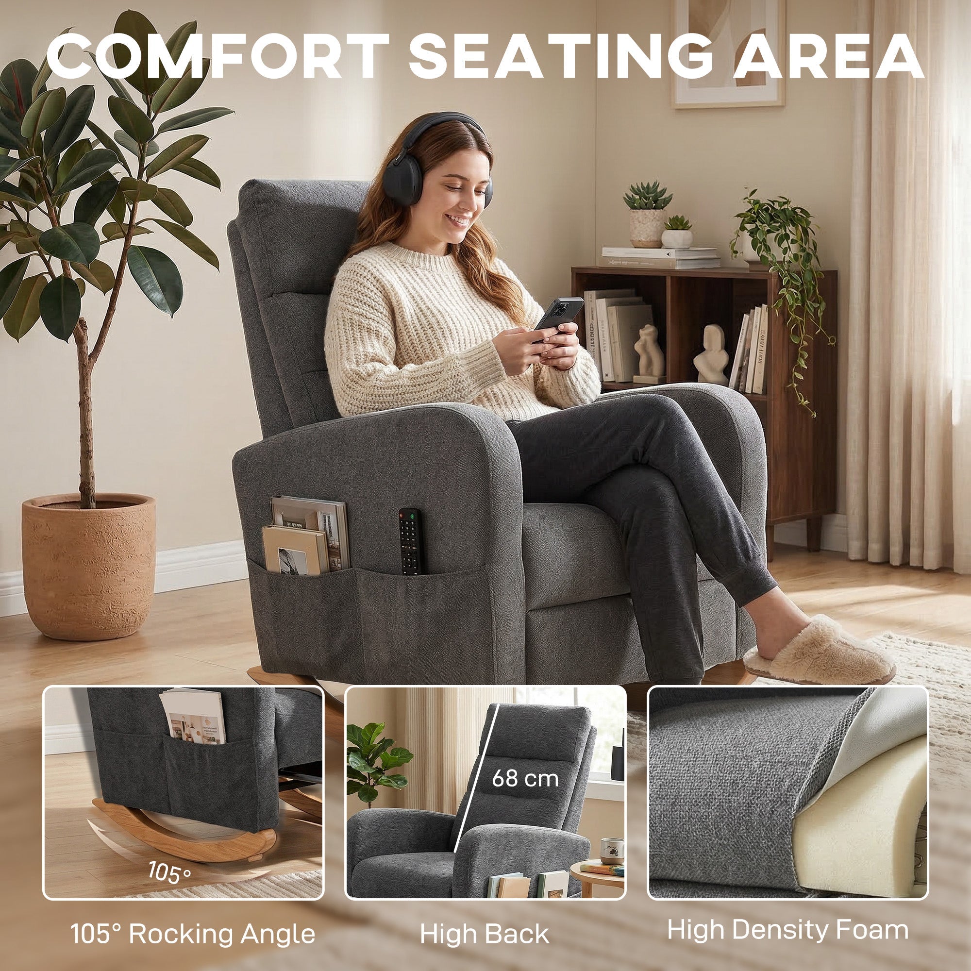 Rocking Chair Retractable Footrest - High Back for Living Room - Grey