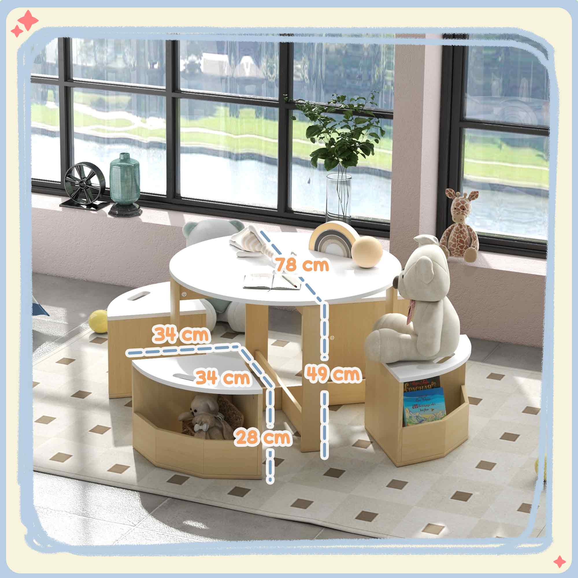 Five-Piece Kids Table and Chairs Set with Storage, for Ages 3-8 Years