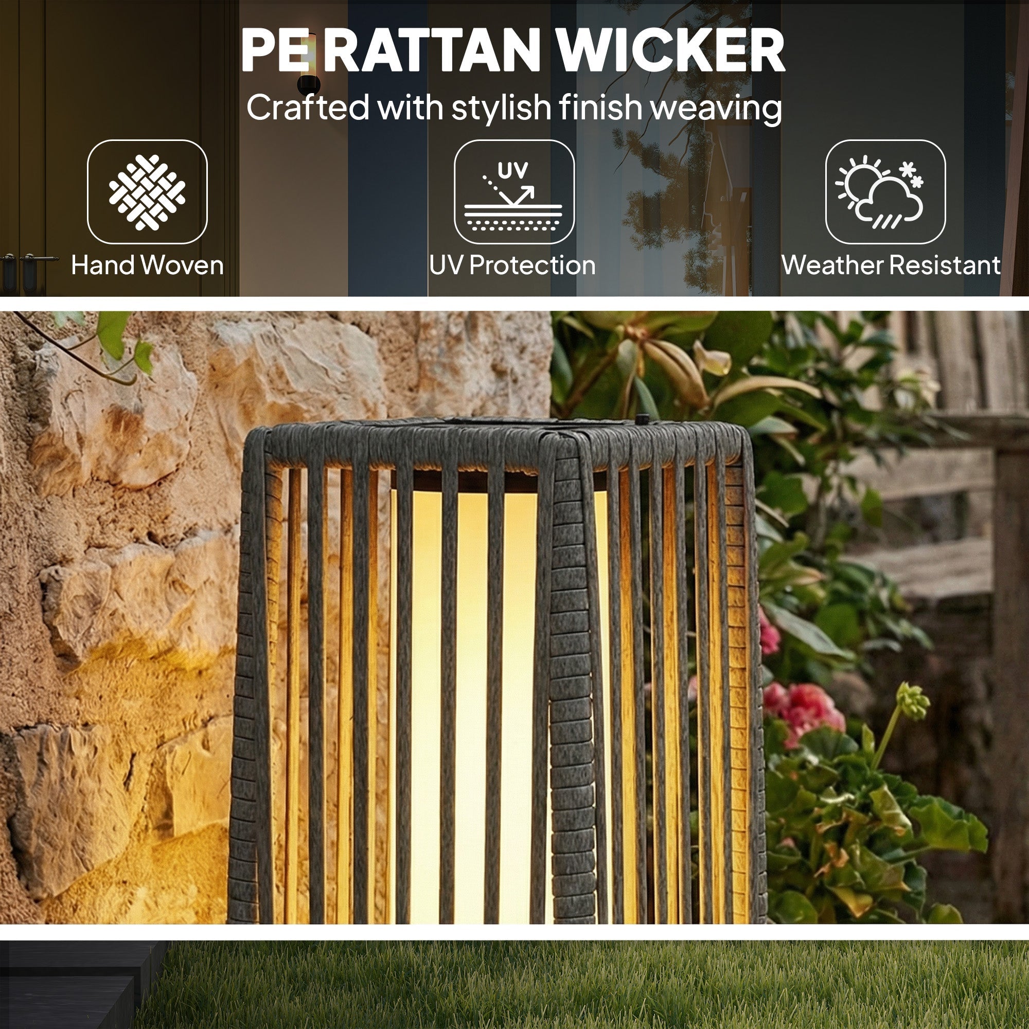 Solar Rattan Floor Lamp/ Garden Lantern with Auto-switch LED Lights, IP44