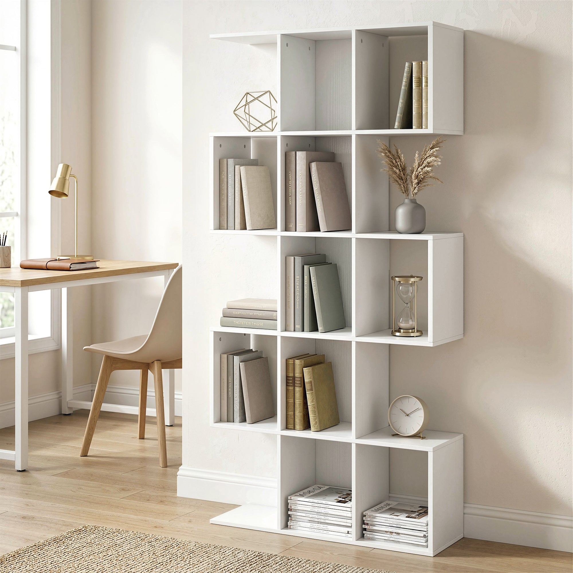 Bookshelf, S Shaped Geometric Bookcase with 15 Compartments, 5-Tier