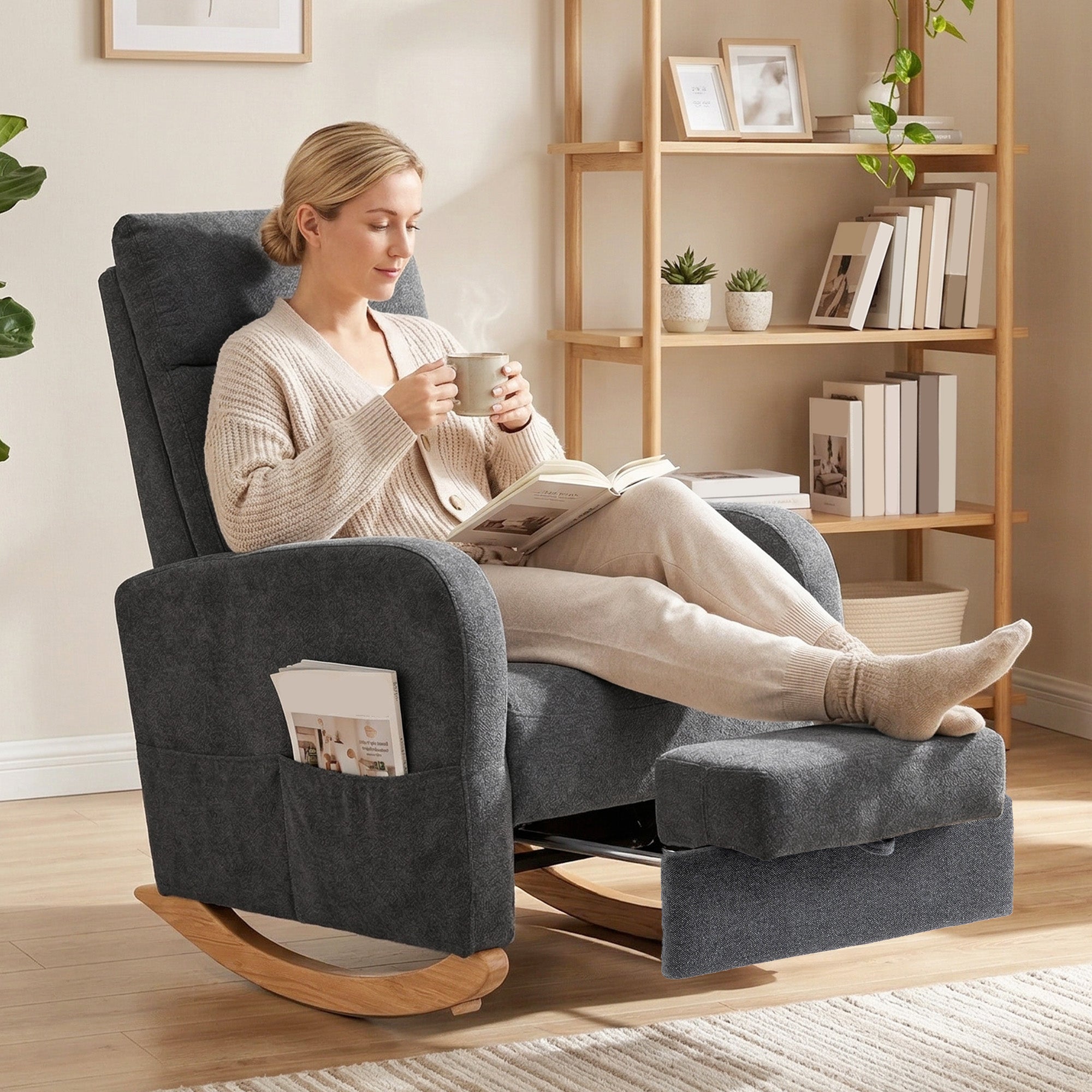 Rocking Chair Retractable Footrest - High Back for Living Room - Grey