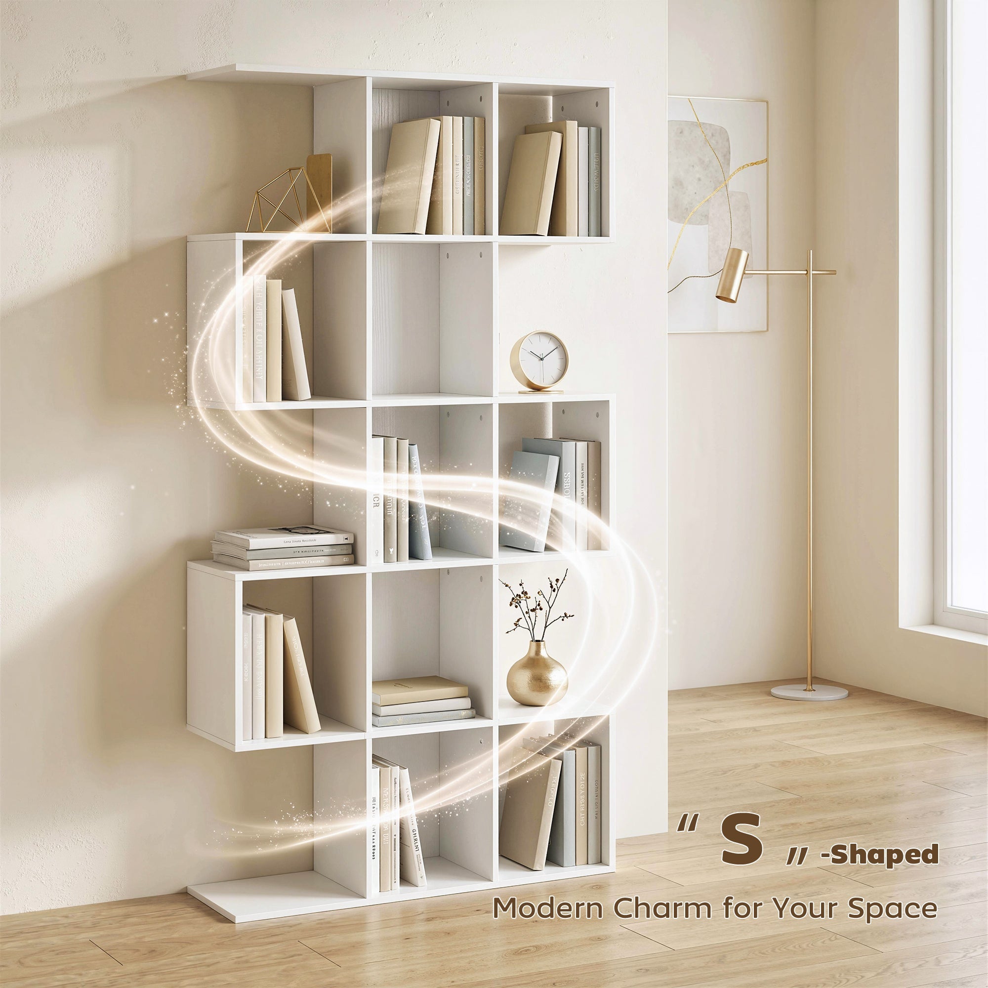 Bookshelf, S Shaped Geometric Bookcase with 15 Compartments, 5-Tier