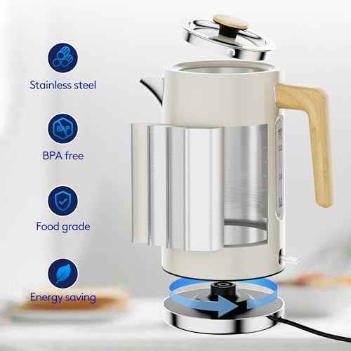 White Stainless Steel Cordless Electric Kettle with Wood Effect Handle