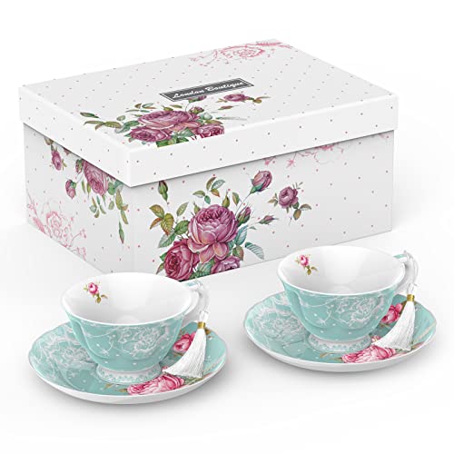 Tea Cup and Saucer Set 2 - Afternoon Tea Set - Vintage Flora Gift Box (Turquoise)