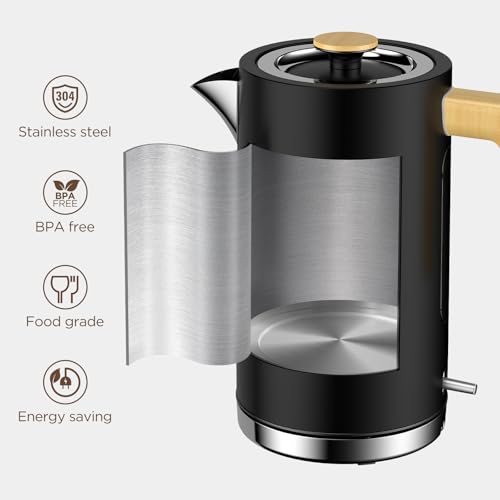 Black Stainless Steel Cordless Electric Kettle with Wood Effect Handle