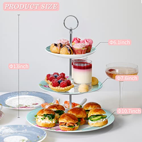 3 Tier Cake Plate Stand, Porcelain - Chic Vintage Floral - Gift Box (Turquoise)