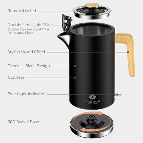 Black Stainless Steel Cordless Electric Kettle with Wood Effect Handle