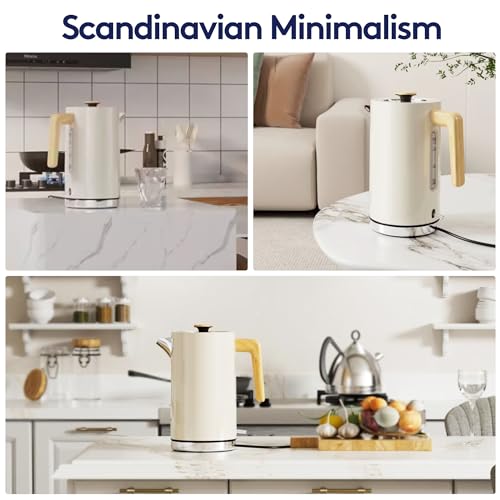 White Stainless Steel Cordless Electric Kettle with Wood Effect Handle