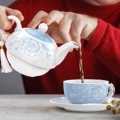 Teapot & Teacup Saucer Set - Afternoon Tea Set for 1 - New Bone China Vintage Floral (Blue)
