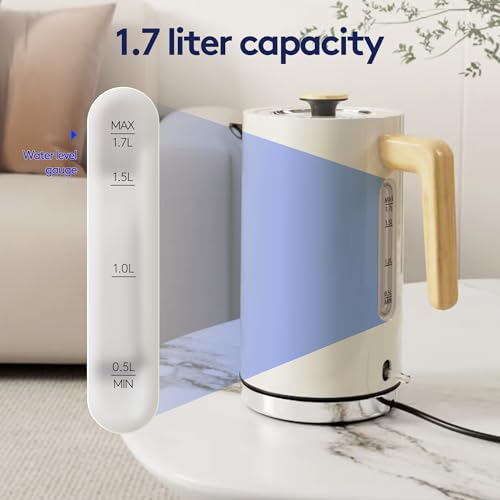 White Stainless Steel Cordless Electric Kettle with Wood Effect Handle