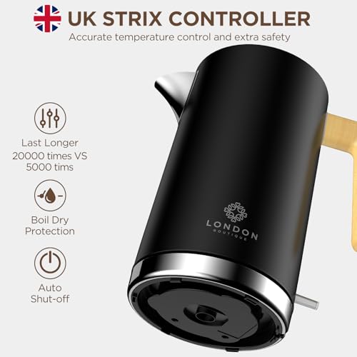 Black Stainless Steel Cordless Electric Kettle with Wood Effect Handle