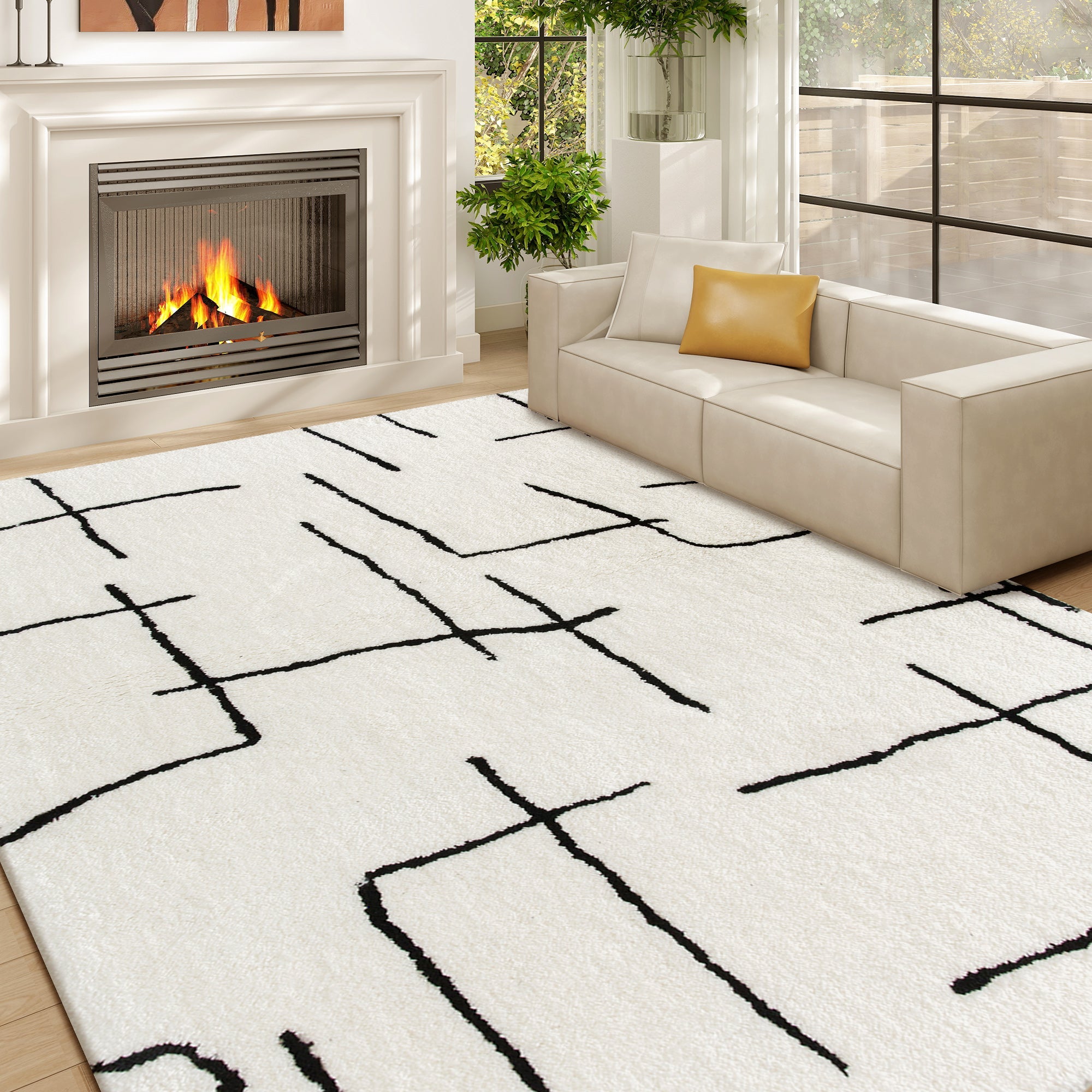 Modern Fluffy Area Rug, Geometric Pattern Washable Rug
