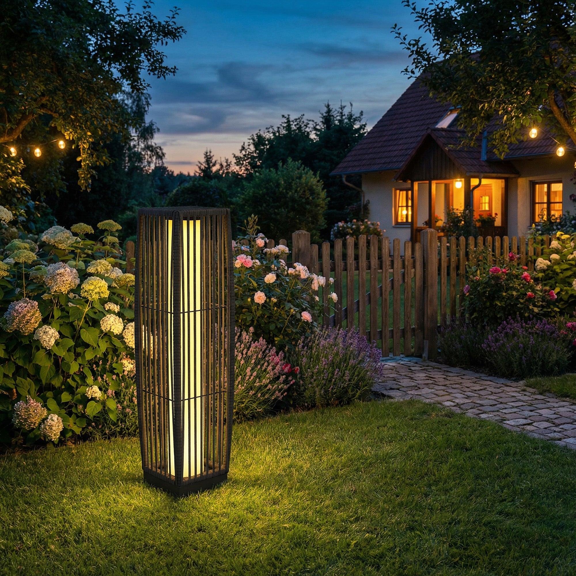 Solar Rattan Floor Lamp/ Garden Lantern with Auto-switch LED Lights, IP44