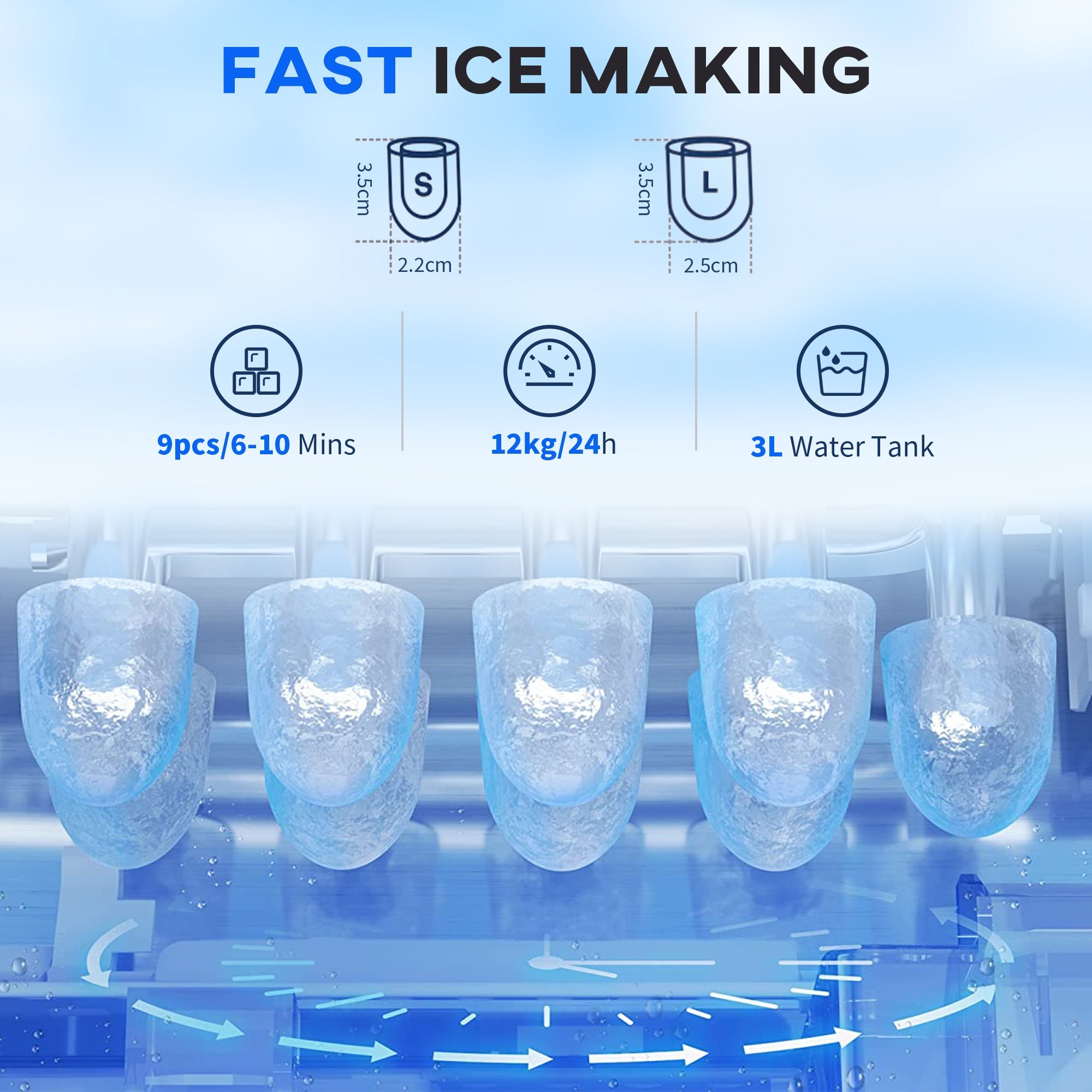 3L Ice Maker Machine and Water Dispenser, 12kg in 24H