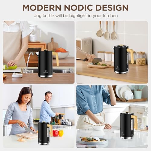 Black Stainless Steel Cordless Electric Kettle with Wood Effect Handle