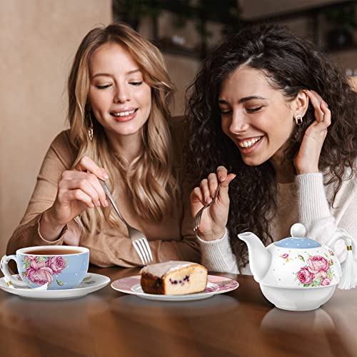 Teapot & Teacup Saucer Set - Afternoon Tea Set for 1 - New Bone China Vintage Floral (Blue)