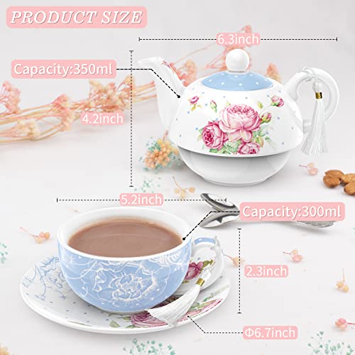 Teapot & Teacup Saucer Set - Afternoon Tea Set for 1 - New Bone China Vintage Floral (Blue)