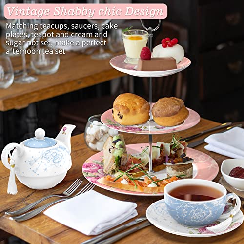 Teapot & Teacup Saucer Set - Afternoon Tea Set for 1 - New Bone China Vintage Floral (Blue)