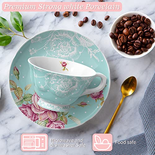 Tea Cup and Saucer Set 2 - Afternoon Tea Set - Vintage Flora Gift Box (Turquoise)