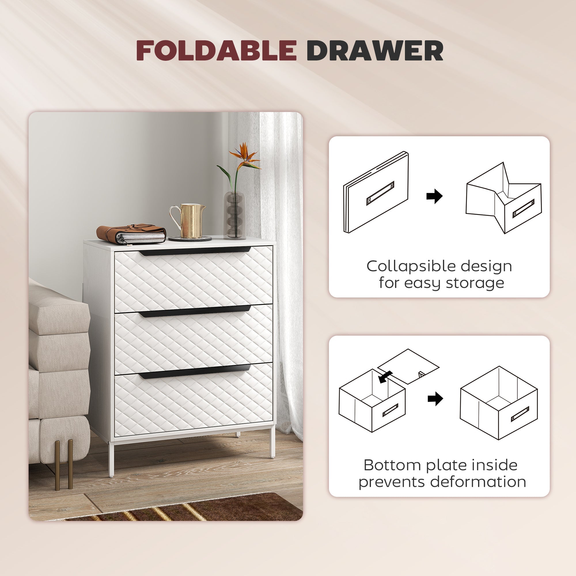 Chest of Drawers, Dresser with 3 Fabric Drawers