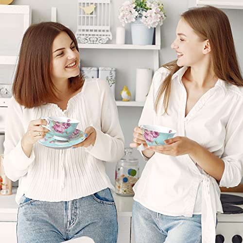Tea Cup and Saucer Set 2 - Afternoon Tea Set - Vintage Flora Gift Box (Turquoise)