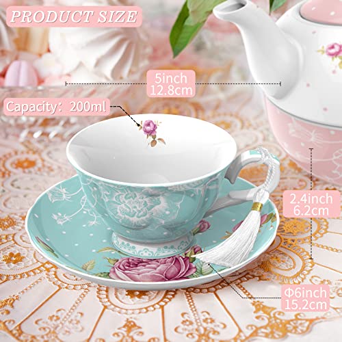 Tea Cup and Saucer Set 2 - Afternoon Tea Set - Vintage Flora Gift Box (Turquoise)