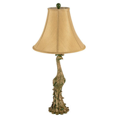 Peacock Sculptural Bronze Table Lamp with Silk Shade
