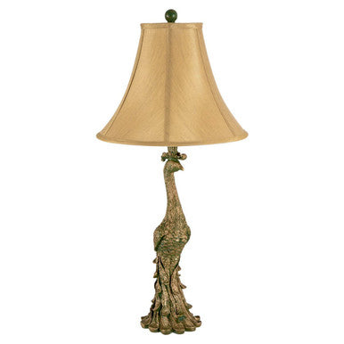Peacock Sculptural Bronze Table Lamp with Silk Shade