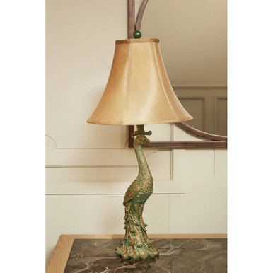 Peacock Sculptural Bronze Table Lamp with Silk Shade