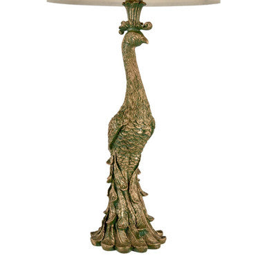 Peacock Sculptural Bronze Table Lamp with Silk Shade