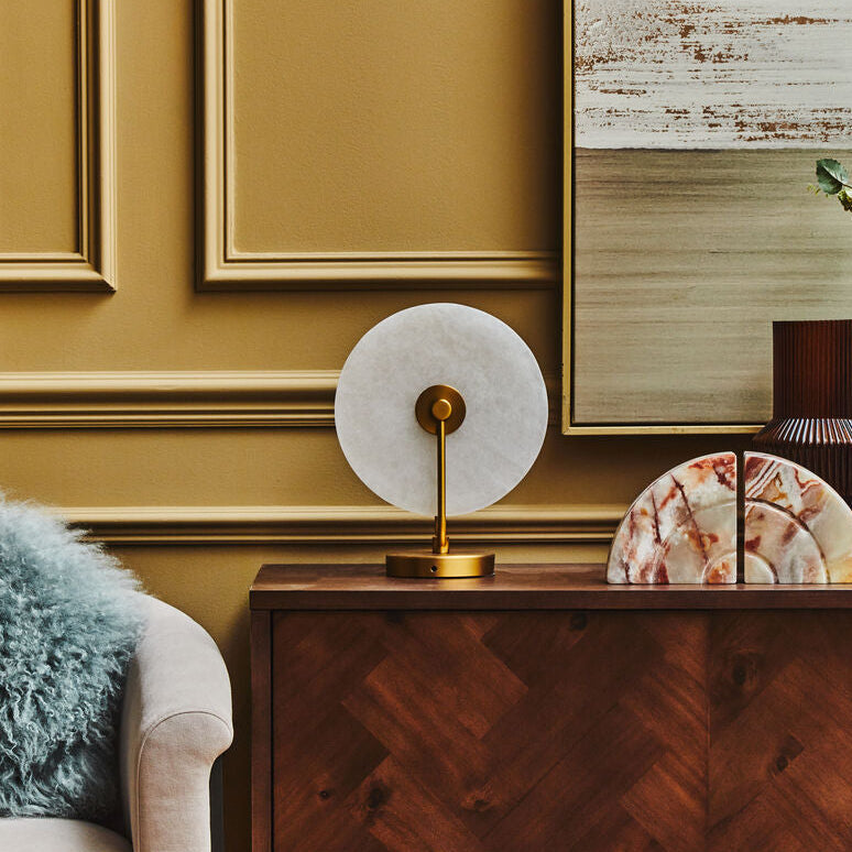 White Marble Disc Table Lamp with Gold Finish Base