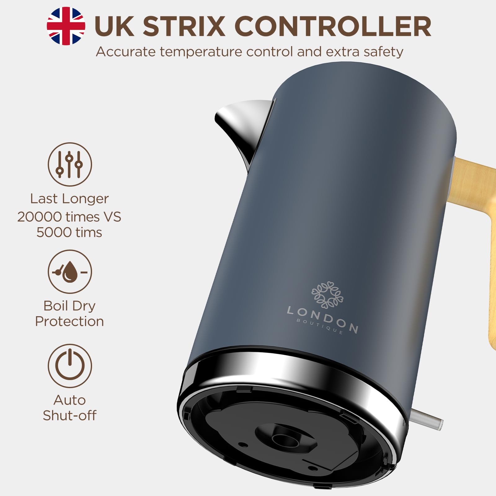 Grey Stainless Steel Cordless Electric Kettle with Wood Effect Handle